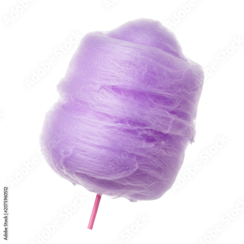 Exceptionally fluffy, voluminous, vibrant purple cotton candy with delicate sugary strands on a pastel pink stick, isolated on a transparent background with copy space, concept of sweet indulgence