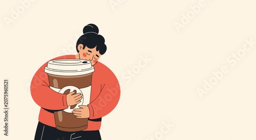Cheerful young woman warmly embracing a massive cup of hot coffee expressing her love for the caffeinated morning beverage.
