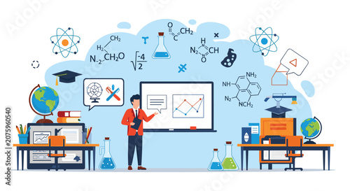Male teacher standing in front of a whiteboard explaining complex scientific and mathematical concepts in a classroom setting.