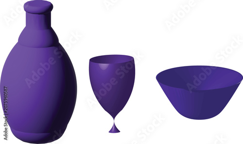 3D Purple Bottle, Goblet, and Bowl on White Background