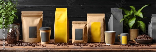 Assorted coffee beans and brews displayed on rustic wooden shelf with modern coffee packaging