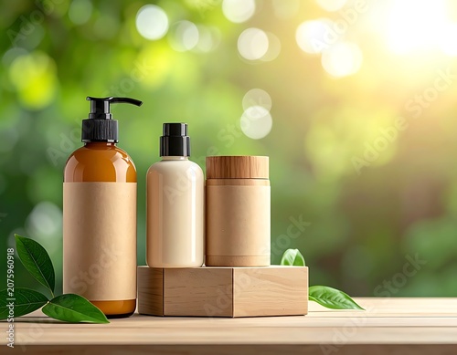 Natural skincare products on wooden table.