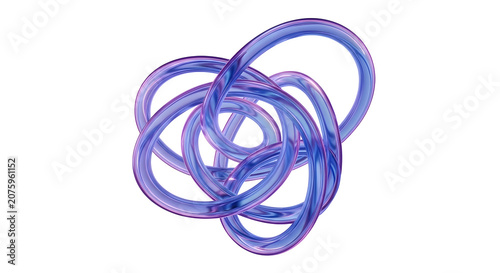 Tangled purple and blue rubber bands on white background