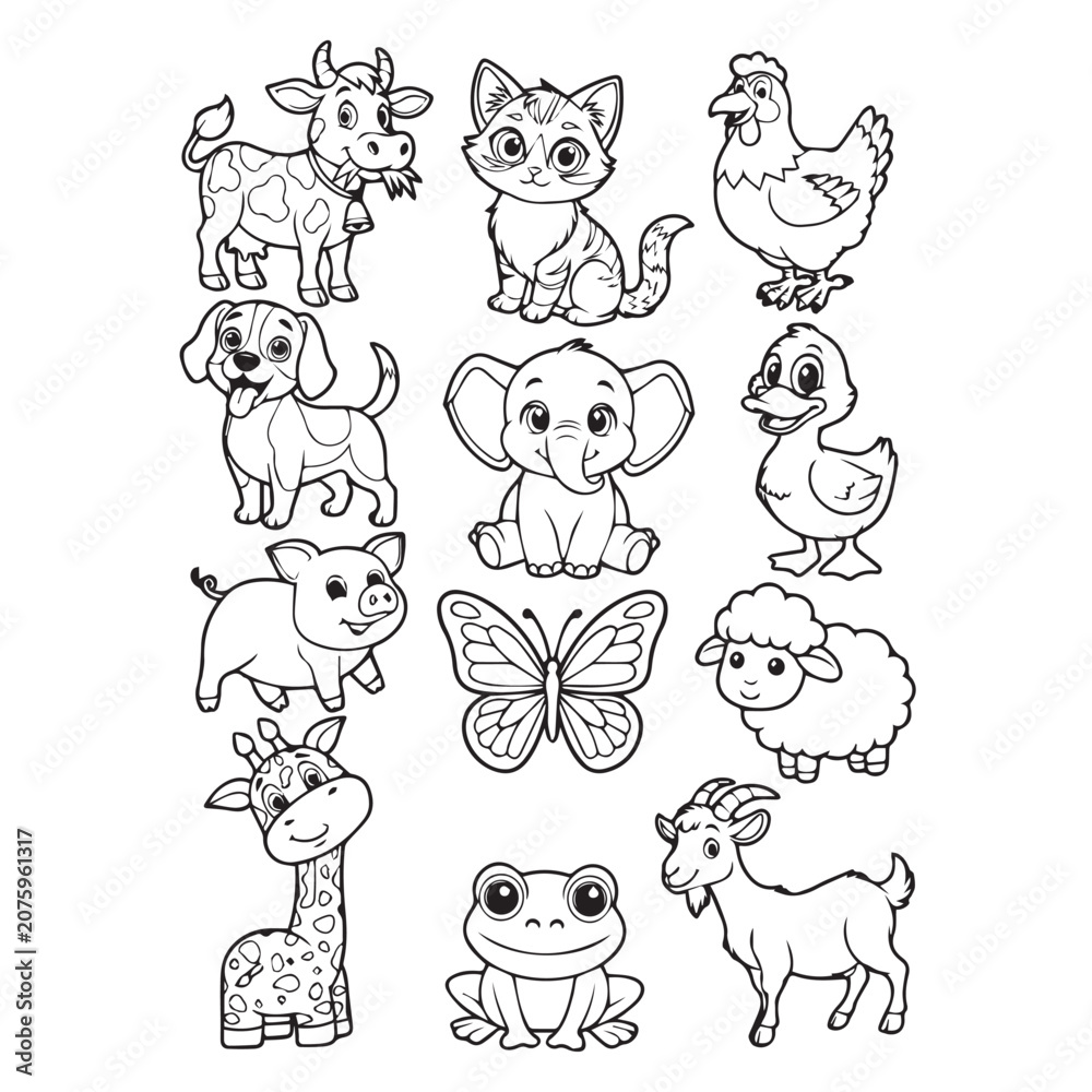 Obraz premium Colorful cartoon farm and zoo animals for kids educational materials and childrens book illustrations