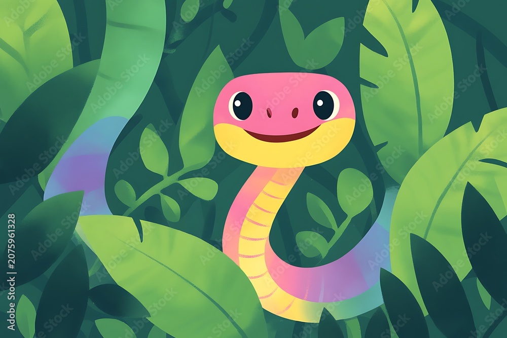 Obraz premium A cheerful green snake exploring vibrant foliage in a lush garden setting.
