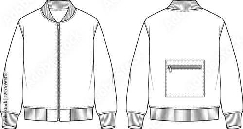 Obraz na plátně Technical flat sketch of modern zippered jacket with ribbed collar, cuffs, hem a