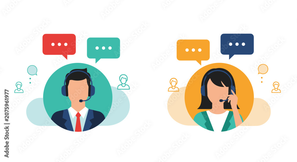 Fototapeta premium Flat vector illustration of male and female customer service agents wearing headsets and speaking through colorful chat bubble icons.