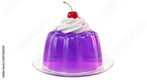 Purple jelly dessert with whipped cream and cherry on top
