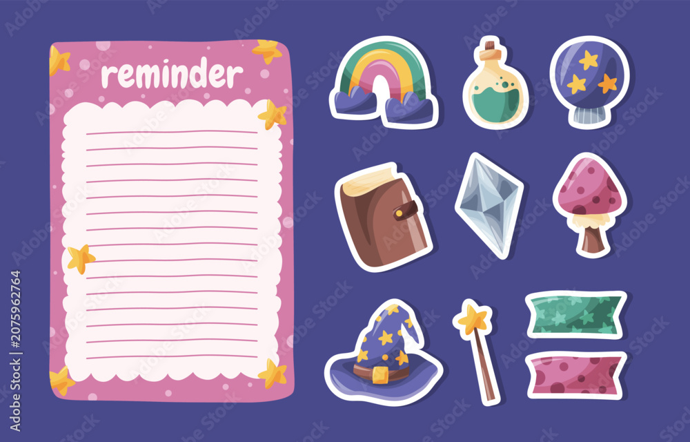 Fototapeta premium Flat fantasy stickers and reminder note set