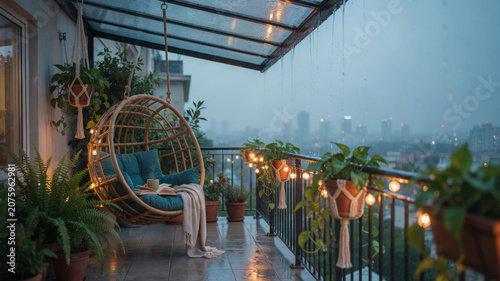 Cozy balcony with hanging chair and plants on a rainy city evening with warm lighting and modern decor