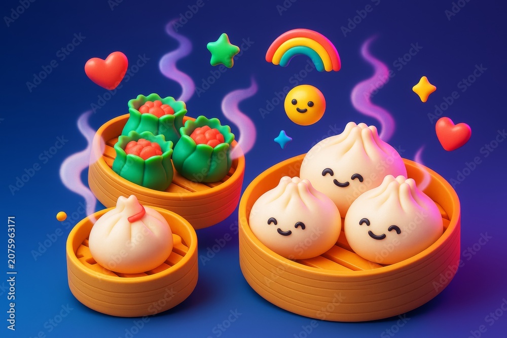 Naklejka premium Cute cartoon dumplings and dim sum with smiling faces in bamboo steamers surrounded by colorful icons on a glowing blue background concept. Ai generative