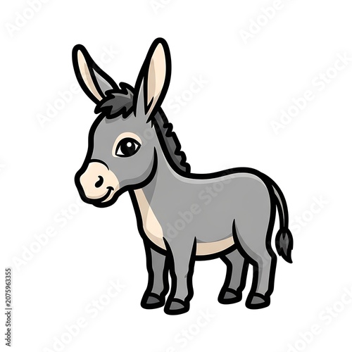 Cute cartoon donkey standing on white background.