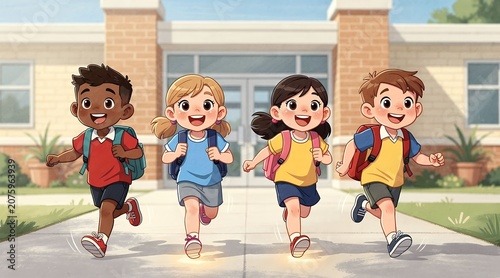 Diverse Group of Cartoon Children Walking Together to School.