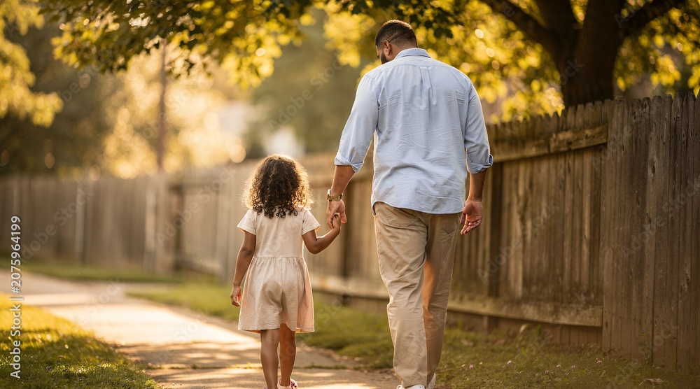 Fototapeta premium Father and daughter walking hand in hand on a sunny autumn path.