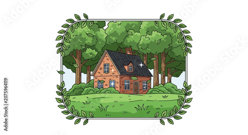 brick house in the woods, cartoon style