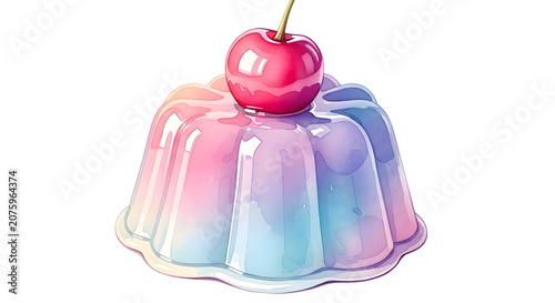 Colorful jelly dessert with cherry on top, sweet food