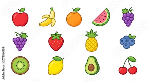 Colorful cartoon fruits and vegetables illustration.