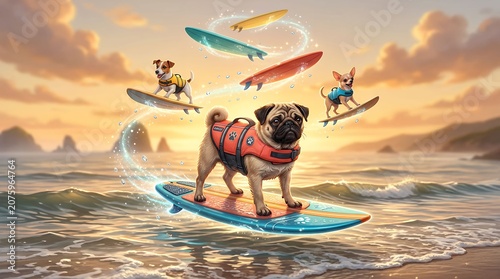 Pug dog surfing on blue board during sunset with other surfers.