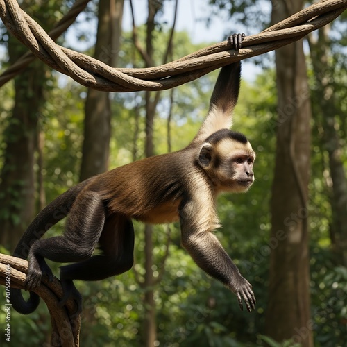 Monkey hanging from tree branch outdoors.