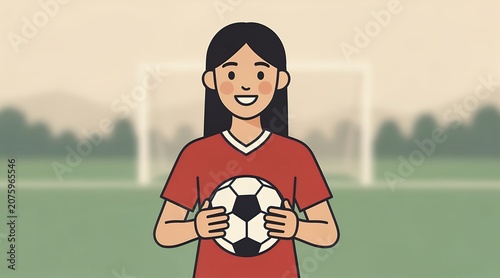 Young Female Soccer Player Holding Ball on Field.