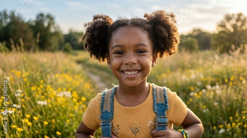 Young Girl Smiling in Field of Yellow Flowers.