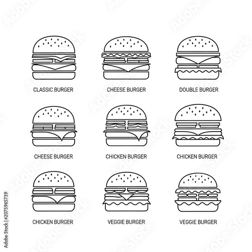 Vector illustration of nine different burger types with toppings.
