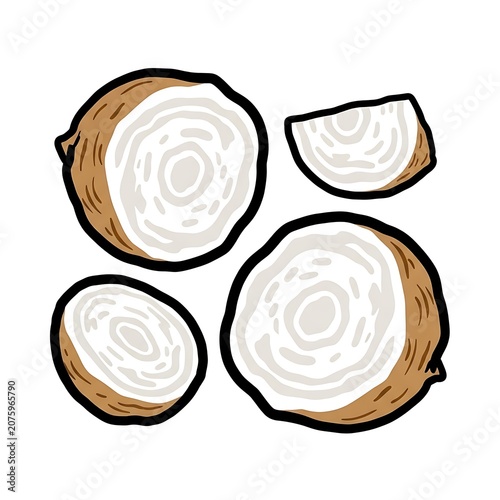 Wooden spools of beige thread on white background.