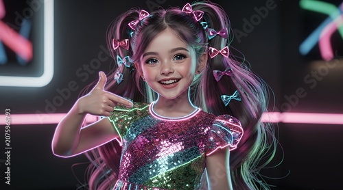 Young Girl with Colorful Hair Performing Peace Sign.
