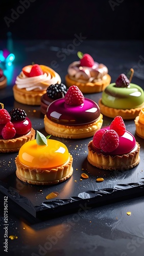 A plate of assorted colorful tarts with fruit toppings