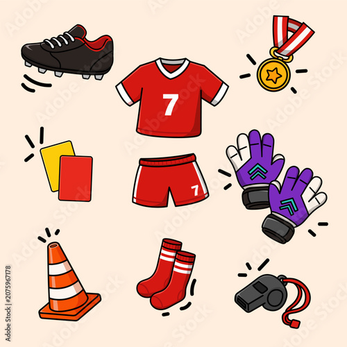 Soccer Equipment Doodle Set Illustration with Football Gear Icons Collection