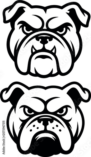 Two bulldog head illustrations black and white vector graphics showcasing aggressive expressions and detailed facial features