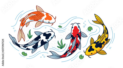Koi fish vector illustration, clean lines, minimalist flat design, colorful, white background.