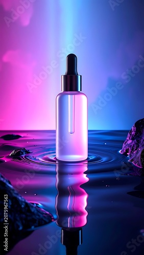 A serene, dreamlike scene featuring a glowing dropper bottle on water