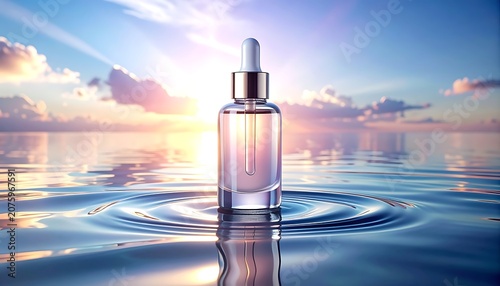 A serene dropper bottle in rippling water at sunset