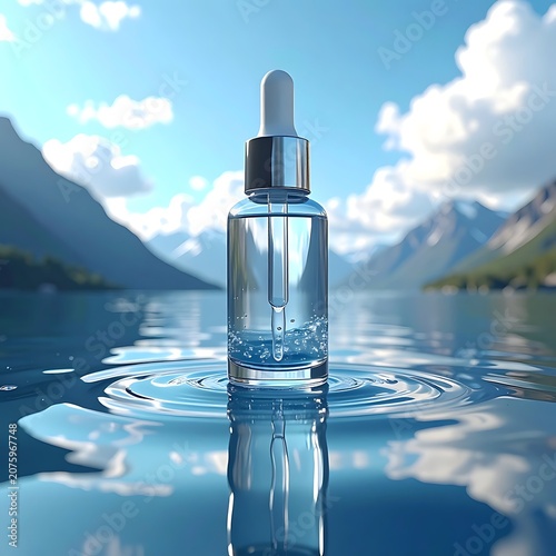 A serene landscape with a dropper bottle in water (2)