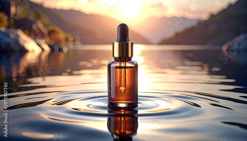 A serene lake scene with a dropper bottle at sunset