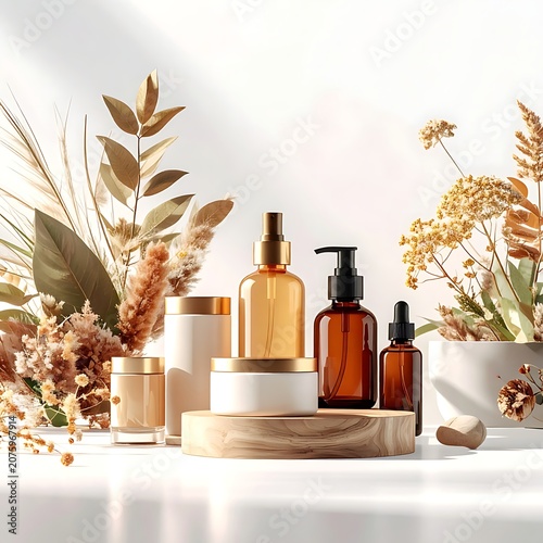 A serene still life of amber bottles and floral arrangements on a white surface