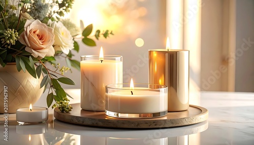 A serene still life arrangement with lit candles and flowers on a reflective surface