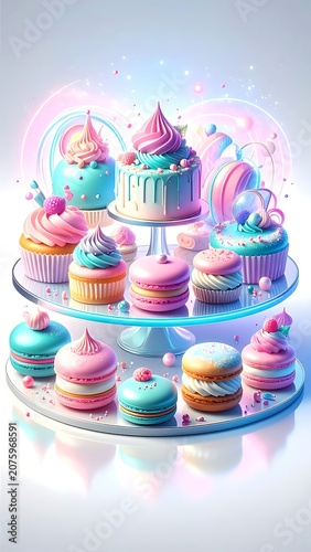 A vibrant display of colorful cupcakes on a two-tiered glass stand