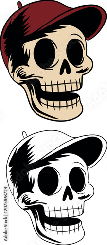 Colorful skull illustrations wearing baseball caps