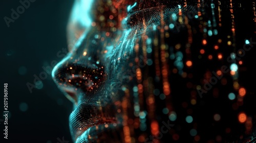 Digital human face profile with glowing data particles in dark cinematic mood