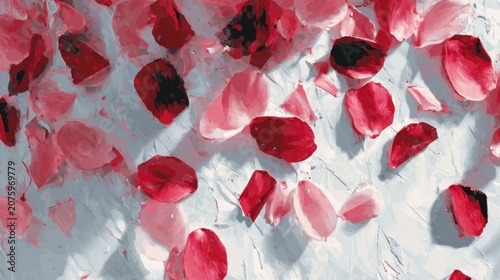 Red and pink rose petals scattered on white painted surface, digital art