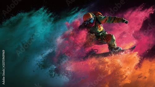 Snowboarder riding through colorful powder explosion on dark background