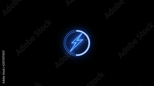 A glowing blue neon lightning bolt icon on a brick background. Energy neon set.