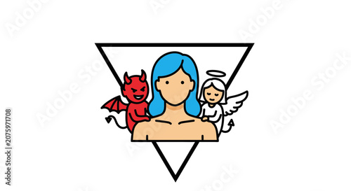 Angel and Devil Whispering to Woman in Triangle - Moral Choice Concept