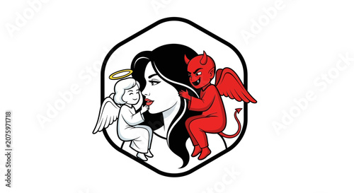 Angel and devil whispering to woman, temptation and good vs evil concept