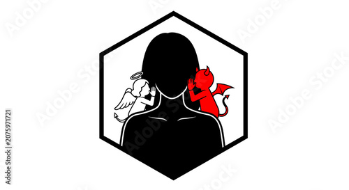 Angel and devil whispers to person, indecision, temptation and conscience concept