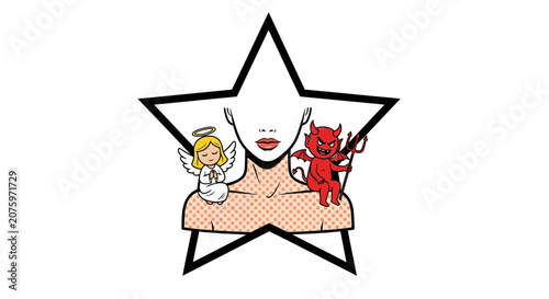 Angel Devil Decision, Pop Art Style Woman Face, Star Background