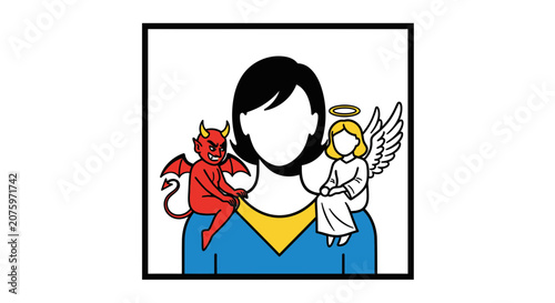 Angel devil on shoulders, choice dilemma, good vs evil person concept