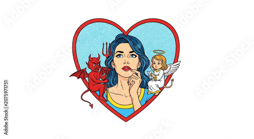Angel Devil on Woman's Shoulders Heart Choice Decision Dilemma Pop Art Style